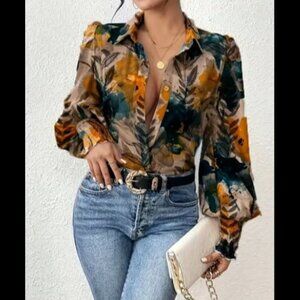 Women's Casual Floral Leaf Long Sleeve Collared Blouse Sz XXL